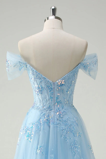 Sparkly Sky Blue Off The Shoulder A-Line Prom Dress with Slit