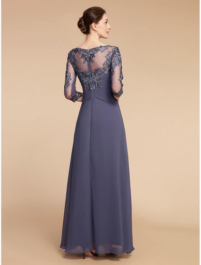 A-Line Mother of the Bride Dress Elegant V Neck Floor Length Chiffon Lace 3/4 Length Sleeve with Ruffles Appliques