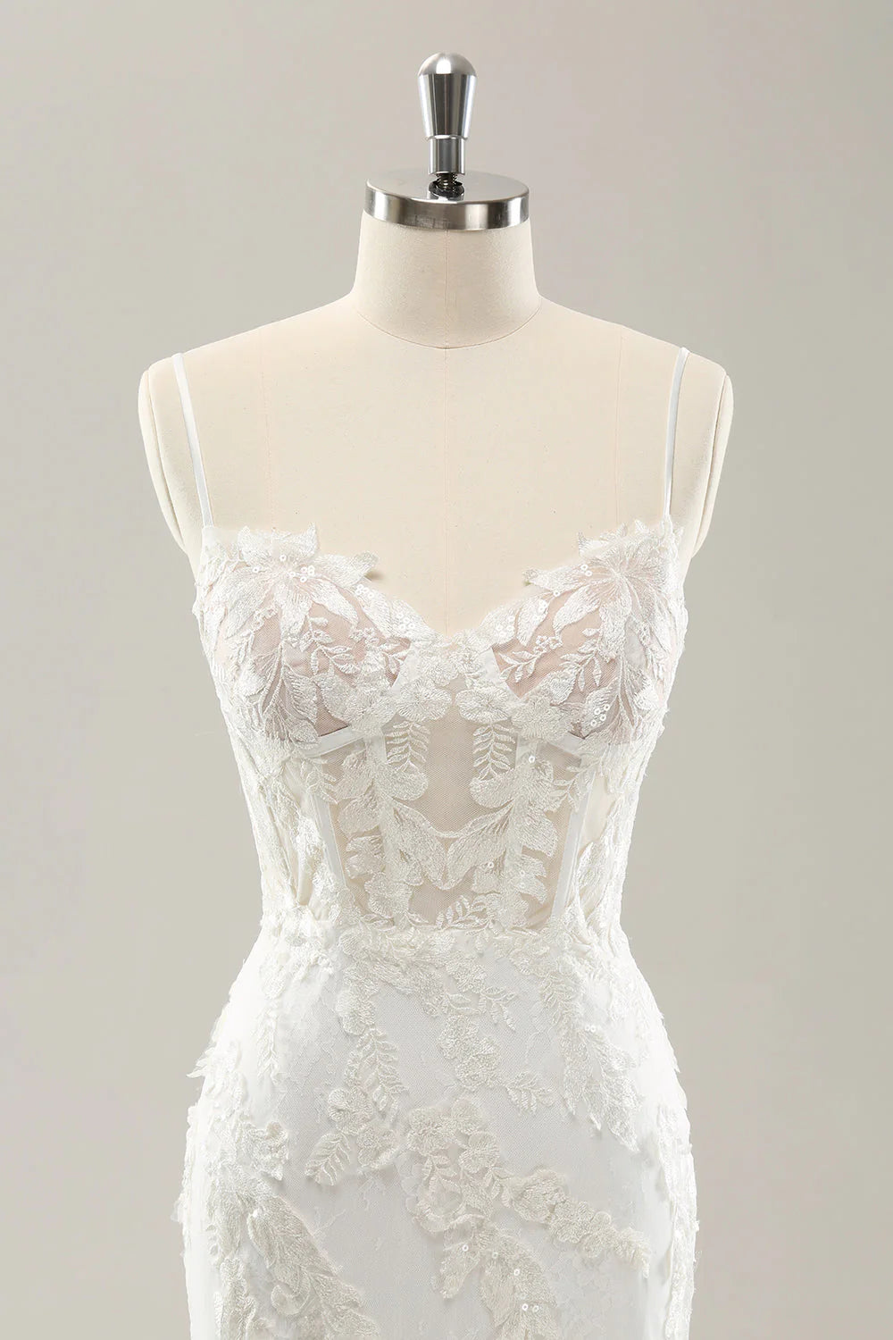 White Mermaid Spaghetti Straps Applique Lace Corset Wedding Dress