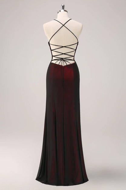 Sparkly Black Red Mermaid Spaghetti Straps Long Bridesmaid Dress with Beading