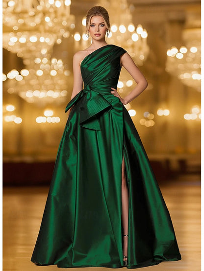 A-Line Floor Length Evening Gown Ball Gown Formal Dress Elegant Glittering Silky Sleeveless One Shoulder Wedding Formal Pocket Stretch Satin with Bow(s) Ruched