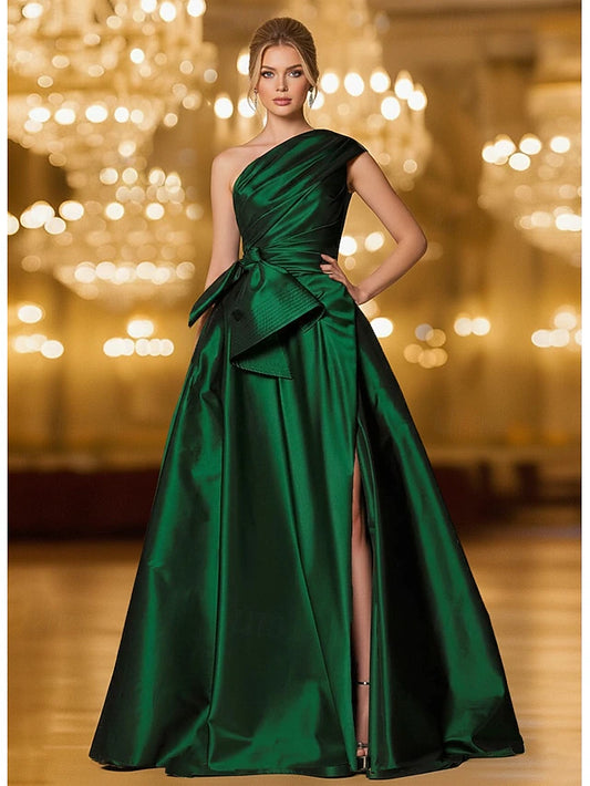 A-Line Floor Length Evening Gown Ball Gown Formal Dress Elegant Glittering Silky Sleeveless One Shoulder Wedding Formal Pocket Stretch Satin with Bow(s) Ruched