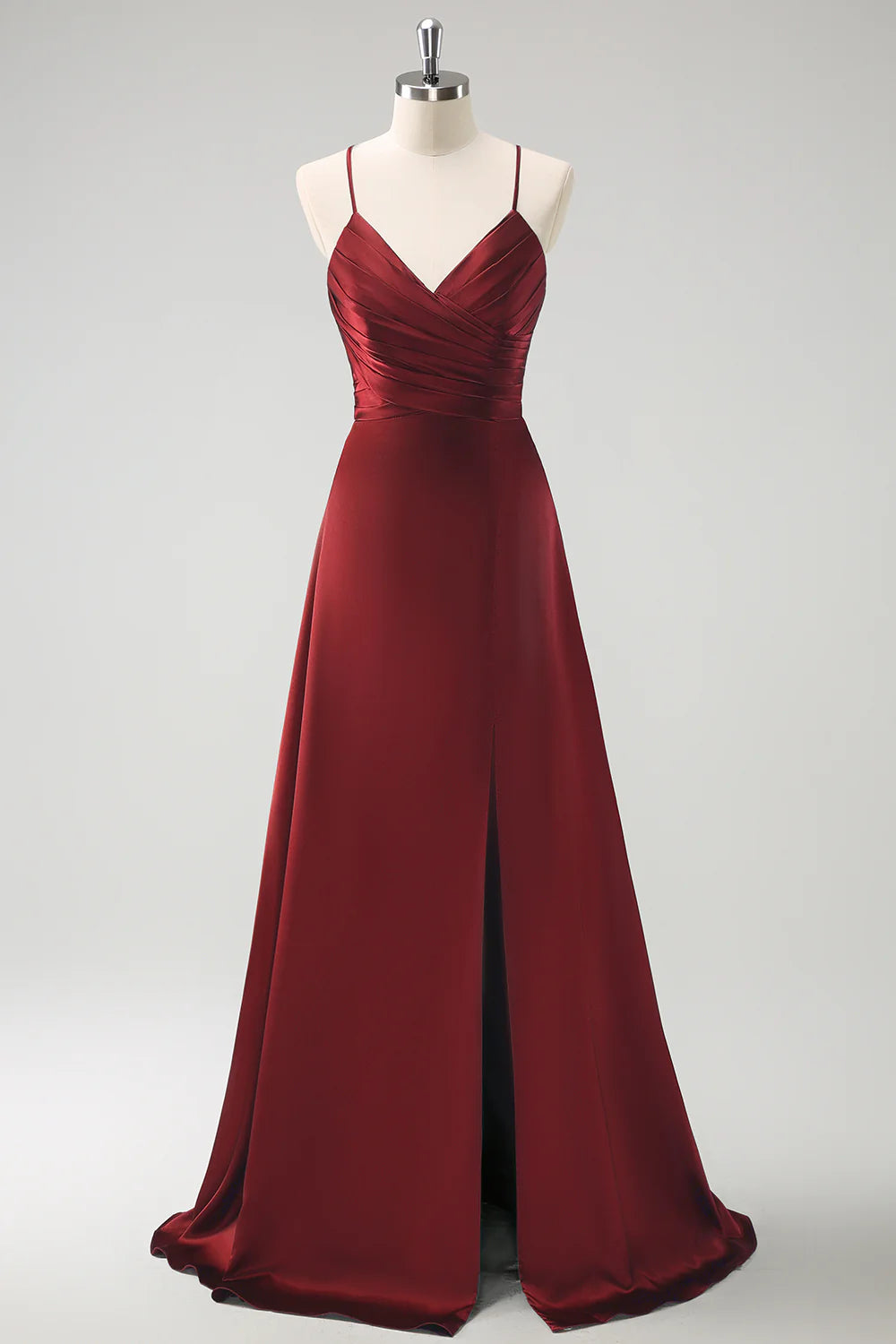 Burgundy A-Line Ruched Lace-Up Back Satin Long Bridesmaid Dress