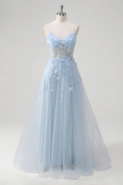 A-Line Blue Applique Spaghetti Straps Tulle Long Prom Dress