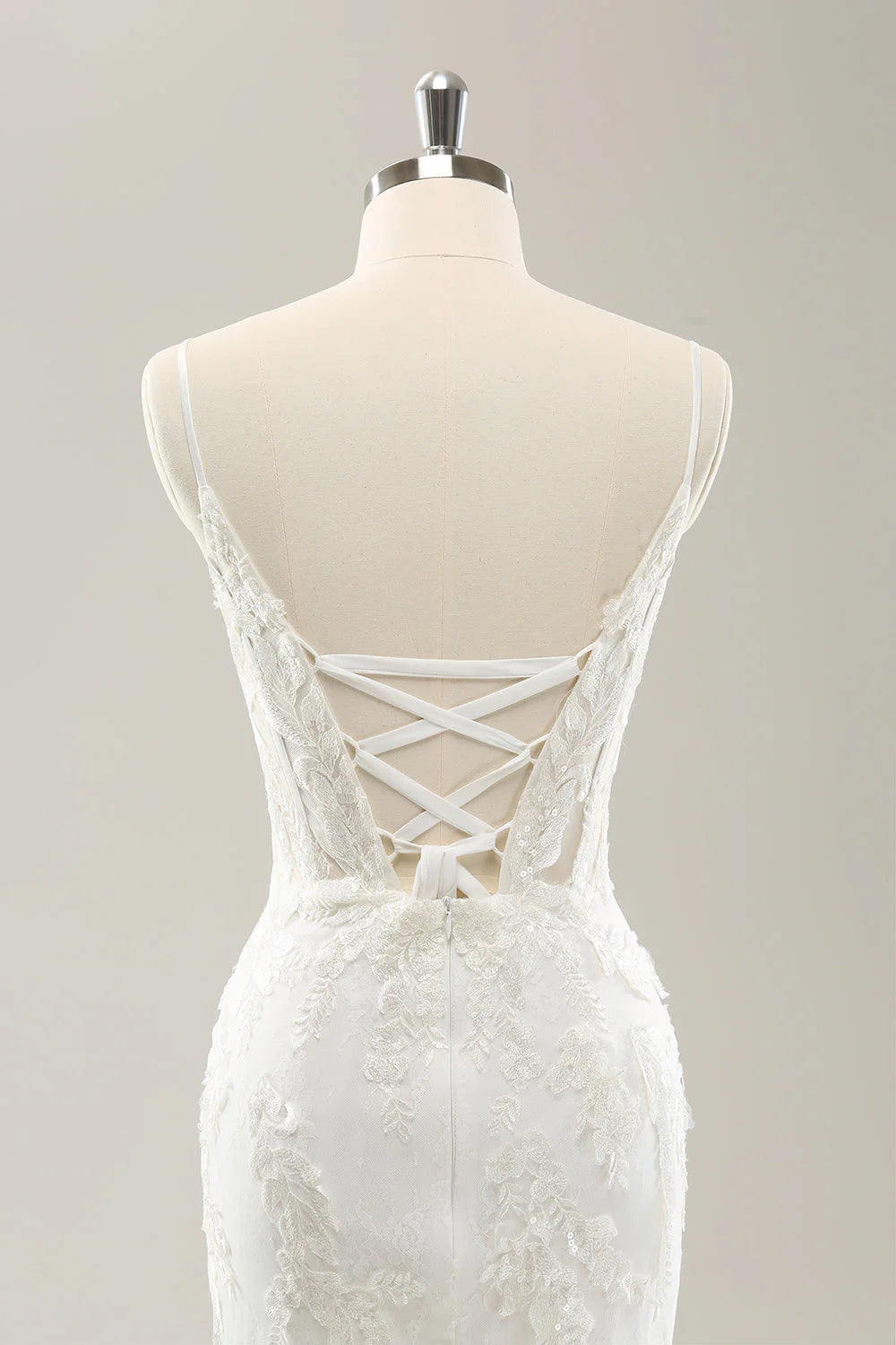 White Mermaid Spaghetti Straps Applique Lace Corset Wedding Dress