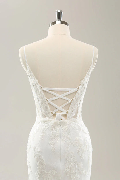 White Mermaid Spaghetti Straps Applique Lace Corset Wedding Dress