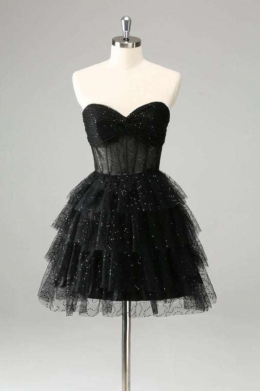 Sparkly Cute A Line Black Sweetheart Tiered Corset Homecoming Dress