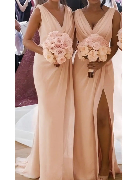 Mermaid / Trumpet Bridesmaid Dress V Neck Sleeveless Elegant Sweep / Brush Train Chiffon with Pleats / Split Front / Ruching