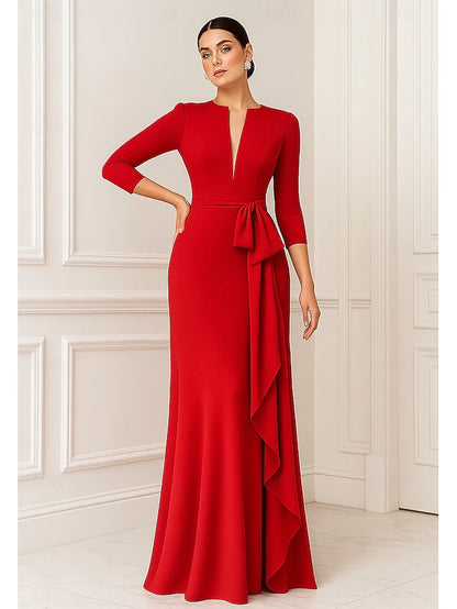 Sheath / Column Floor Length Prom Dresses Evening Gown Ball Gown Elegant 3/4 Length Sleeve V Neck Wedding Formal Stretch Crepe with Ruffles