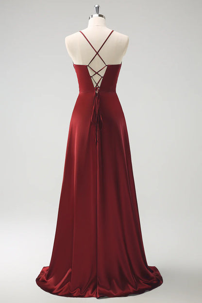 Burgundy A-Line Ruched Lace-Up Back Satin Long Bridesmaid Dress