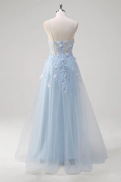 A-Line Blue Applique Spaghetti Straps Tulle Long Prom Dress