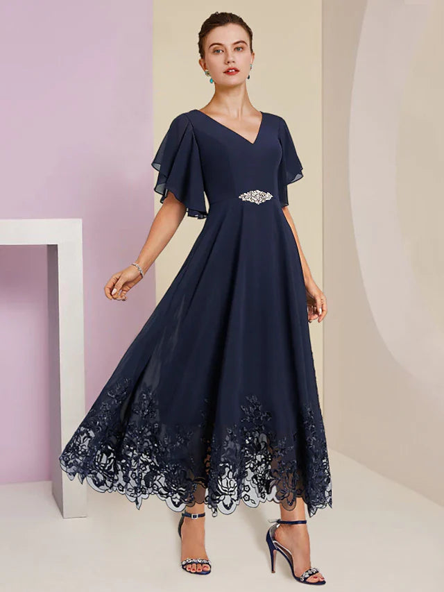 A-Line Mother of the Bride Dress Formal Wedding Guest Elegant V Neck Tea Length Chiffon Lace Short Sleeve with Appliques Crystal Brooch dress