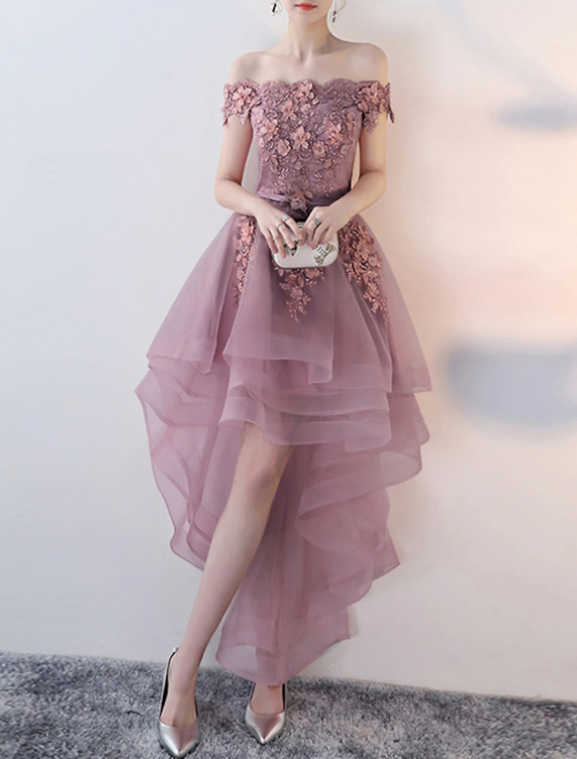 A-Line Prom Party Dress Floral Dress Wedding Guest Prom Asymmetrical Short Sleeve Off Shoulder Tulle with Appliques Masquerade Dress