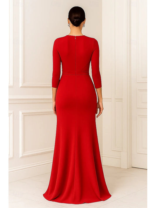 Sheath / Column Floor Length Prom Dresses Evening Gown Ball Gown Elegant 3/4 Length Sleeve V Neck Wedding Formal Stretch Crepe with Ruffles