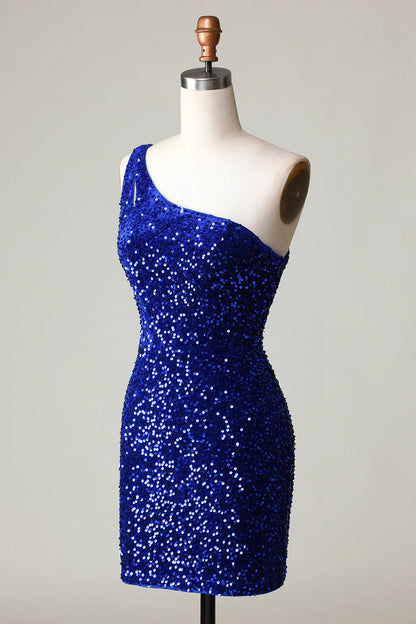 Sequins One-Shoulder Royal Blue Tight Beading Short Homecoming Dress