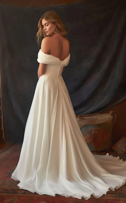 A-Line Chiffon Sleeveless Off-the-Shoulder Wedding Dress with Ruching Floor Length