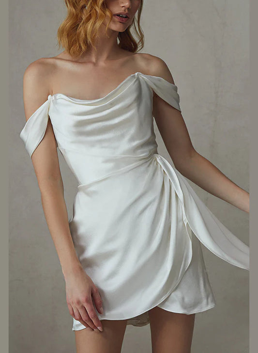 Sheath Off-The-Shoulder Short Mini Silk Like Satin Wedding Dresses