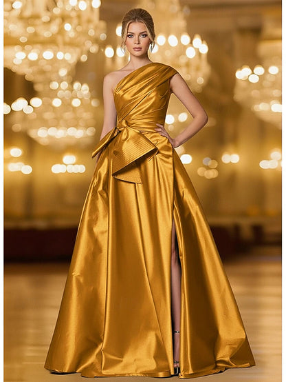 A-Line Floor Length Evening Gown Ball Gown Formal Dress Elegant Glittering Silky Sleeveless One Shoulder Wedding Formal Pocket Stretch Satin with Bow(s) Ruched