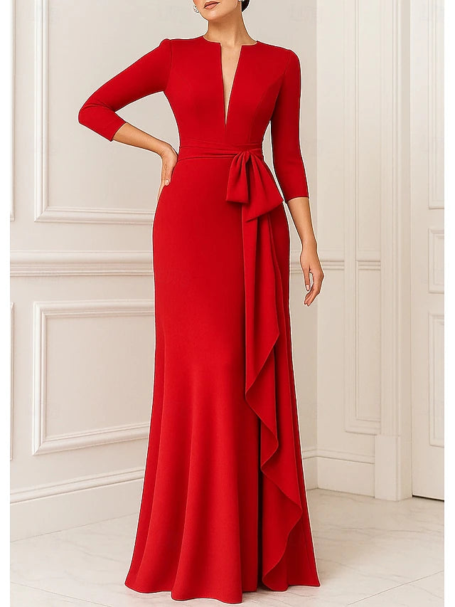 Sheath / Column Floor Length Prom Dresses Evening Gown Ball Gown Elegant 3/4 Length Sleeve V Neck Wedding Formal Stretch Crepe with Ruffles