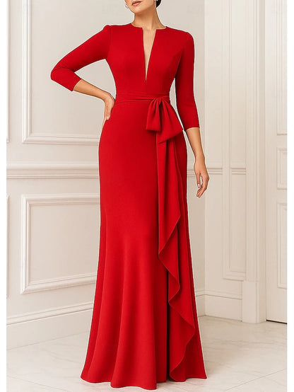 Sheath / Column Floor Length Prom Dresses Evening Gown Ball Gown Elegant 3/4 Length Sleeve V Neck Wedding Formal Stretch Crepe with Ruffles
