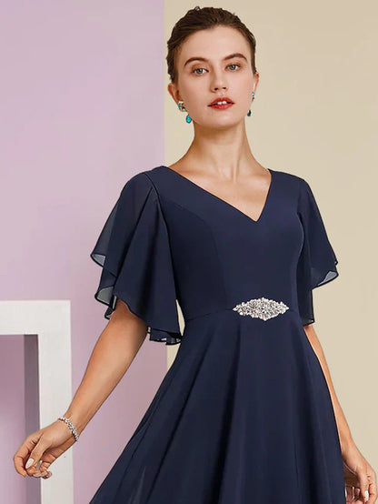 A-Line Mother of the Bride Dress Formal Wedding Guest Elegant V Neck Tea Length Chiffon Lace Short Sleeve with Appliques Crystal Brooch dress