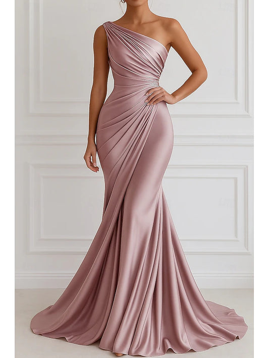 Mermaid Trumpet Floor Length Evening Gown Elegant Sleeveless One Shoulder Wedding Formal Pink Dress Stretch Satin with Pleats
