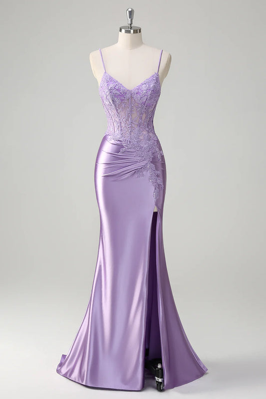 Lilac Floral Mermaid Corset Long Prom Dress with Slit