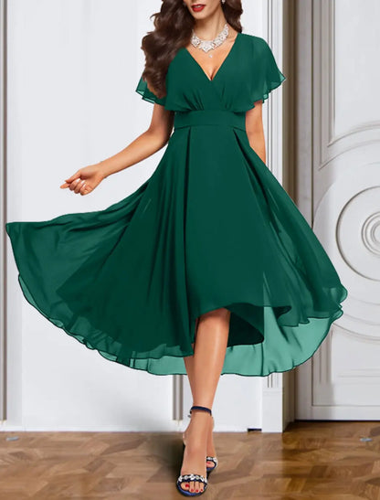 A-Line Cocktail Dresses Elegant Dress Wedding Guest Party Wear Ankle Length Short Sleeve V Neck Fall Wedding Guest Chiffon with Pure Color Strappy