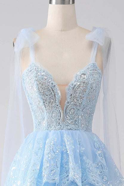 Light Blue Sweetheart Bow Tie Straps Tiered Tulle Sequin Prom Dress With Appliques