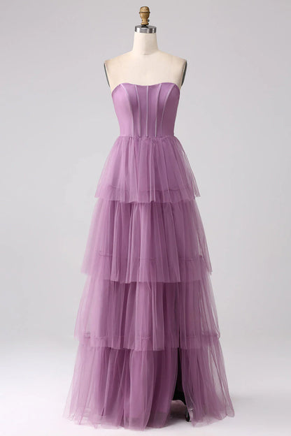 Purple A Line Tulle Tiered Pleated Long Prom Dress With Slit