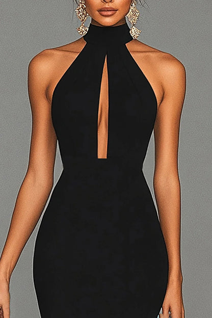 Taooobao™ Black Mermaid Halter Neck Satin Long Formal Dress