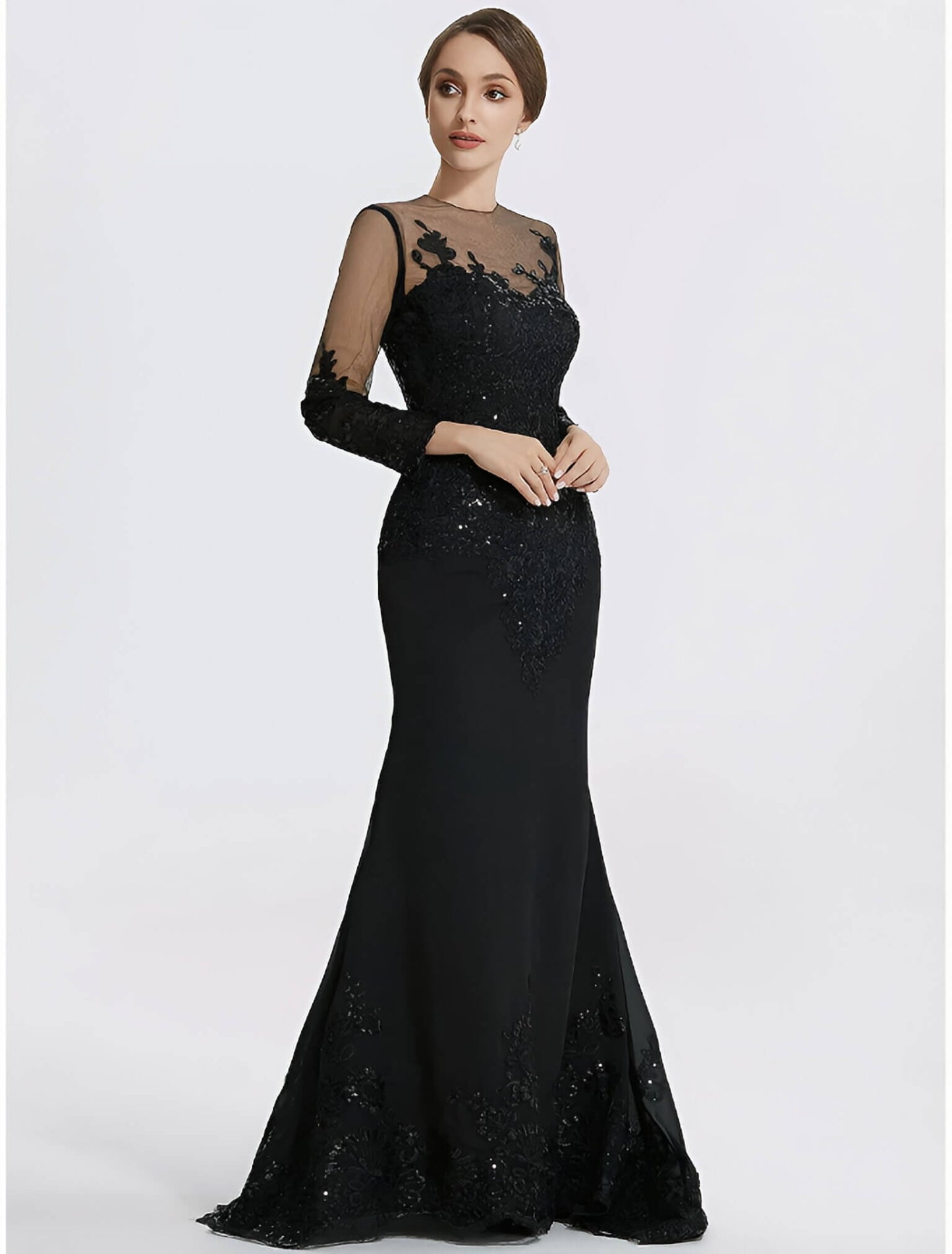 Mermaid Black Dress Evening Gown Sequin Prom Dress Sparkle Formal Gown Sweep / Brush Train Long Sleeve Illusion Neck Lace with Appliques dress