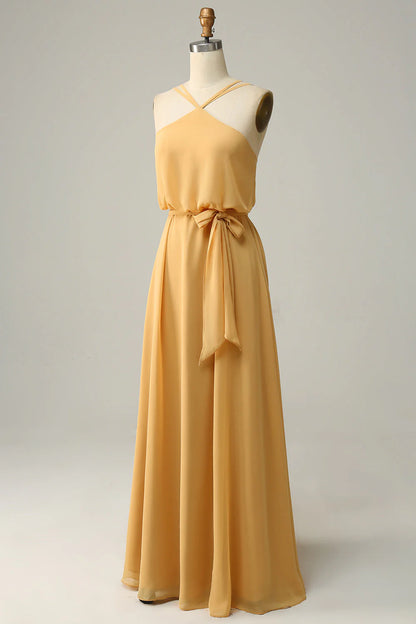 A Line Halter Yellow Long Bridemaid Dress With Bowknot