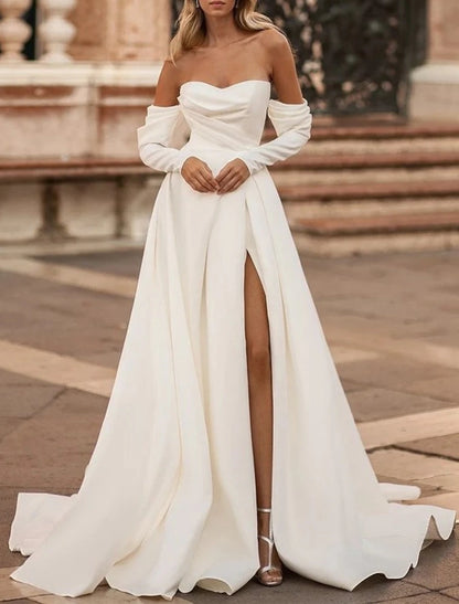 Hall Simple Wedding Dresses A-Line Off Shoulder Long Sleeve Court Train Satin Bridal Gowns With Split Front Solid Color