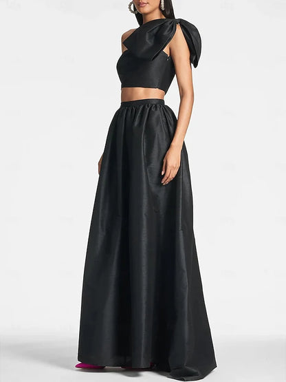 A-Line/Princess One Shoulder Floor Length Sleeveless Wedding Guest Dresses Satin with Tie Pocket Bow(s)