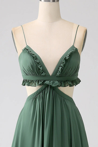 Spaghetti Straps Ruffles Green Hollow-Out Long Bridesmaid Dress