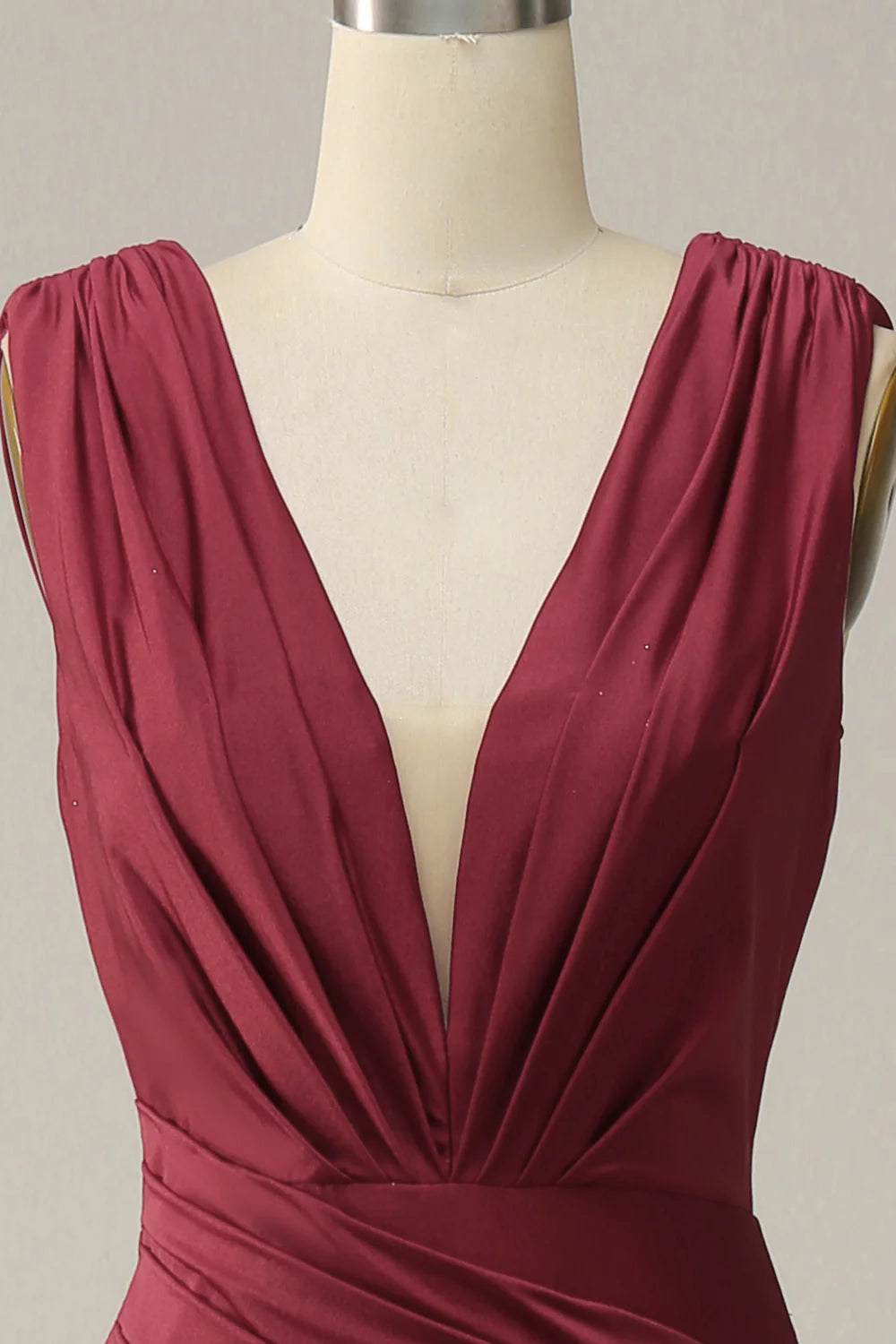 Burgundy Deep V Neck Ruched Prom Dress