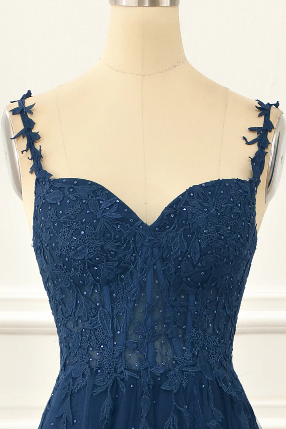 A Line Spaghetti Straps Lace Navy Prom Dress With Appliques