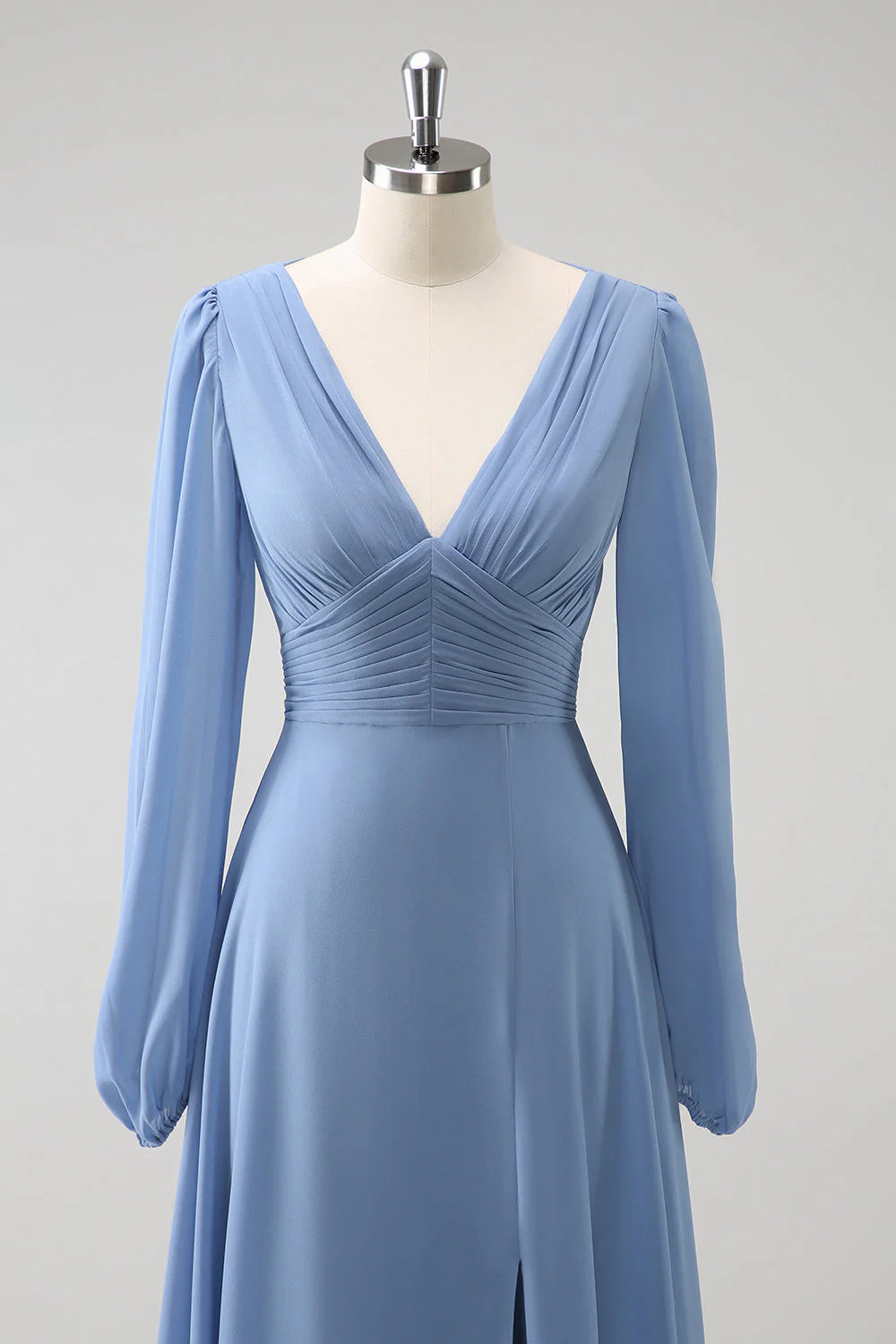 A Line Grey Blue V-Nack Chiffon Bridesmaid Dress With Long Sleeves