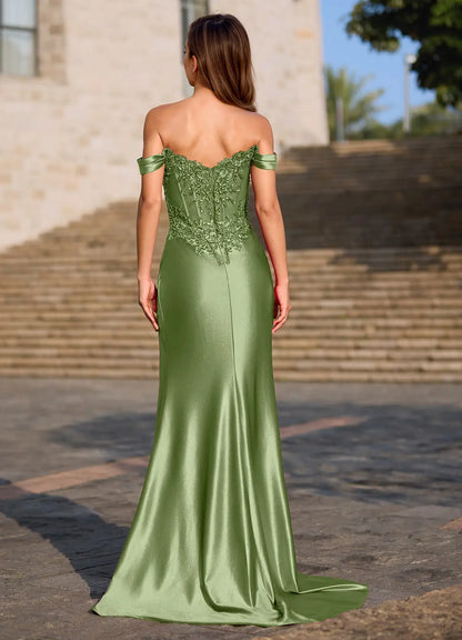 Opulence Olive Off-Shoulder Sequin Lace Prom Dress with High Slit