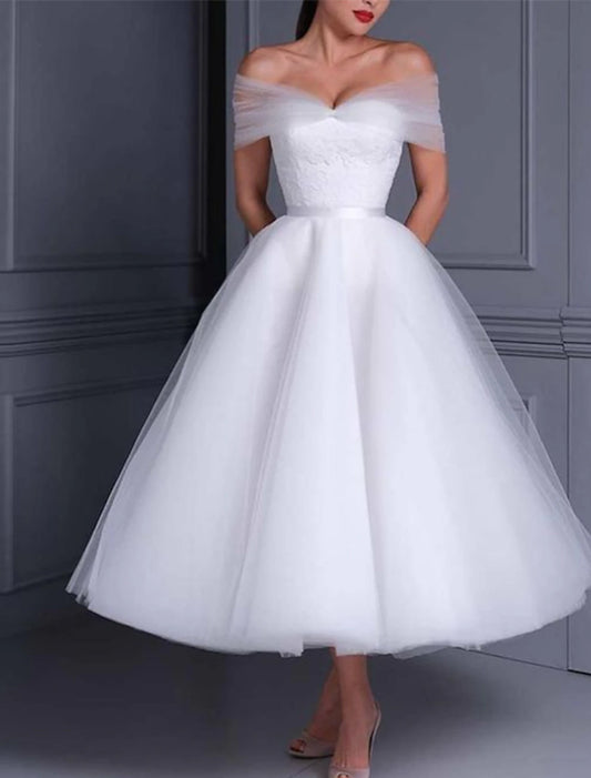 Reception Little White Dresses Wedding Dresses Ball Gown Off Shoulder Cap Sleeve Tea Length Lace Bridal Gowns With Pleats Appliques