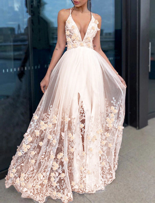 A-Line Evening Gown Floral Dress Wedding Guest Homecoming Floor Length Short Sleeve V Neck Tulle with Draping Appliques