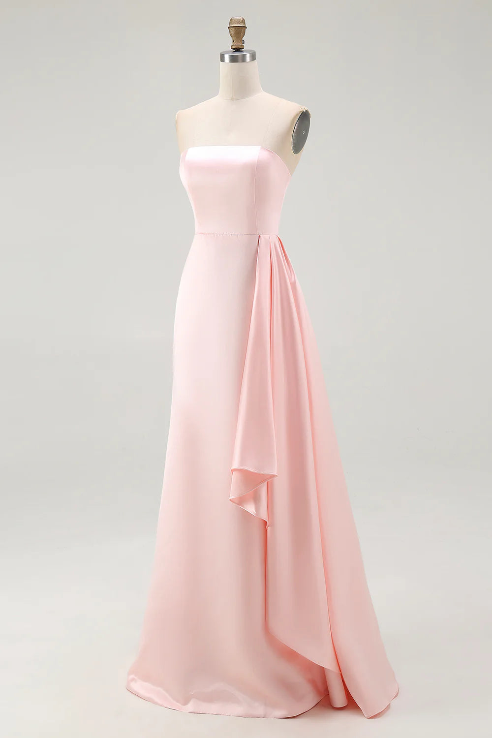 Pink Satin Strapless Mermaid Long Formal Dress with Side Cape