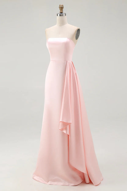 Pink Satin Strapless Mermaid Long Formal Dress with Side Cape