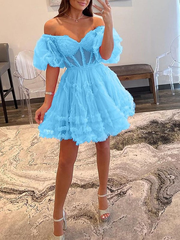 A-Line/Princess Tulle Ruffles Off-the-Shoulder Short Sleeves Corset