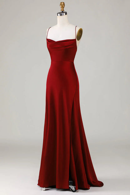 Lace-Up Back Burgundy Long Bridesmaid Dress With Slit