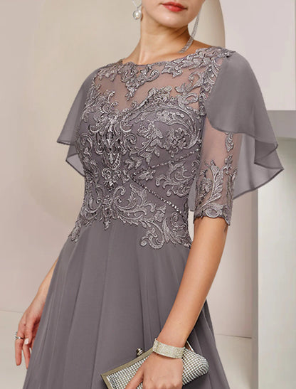 A-Line Mother of the Bride Dress Formal Wedding Guest Elegant Scoop Neck Asymmetrical Tea Length Chiffon Lace Half Sleeve with Beading Appliques dress