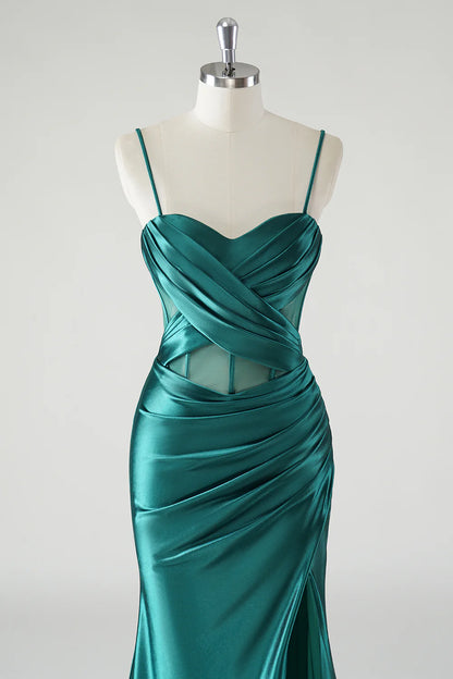 Dark Green Mermaid Satin Corset Prom Dress with Slit