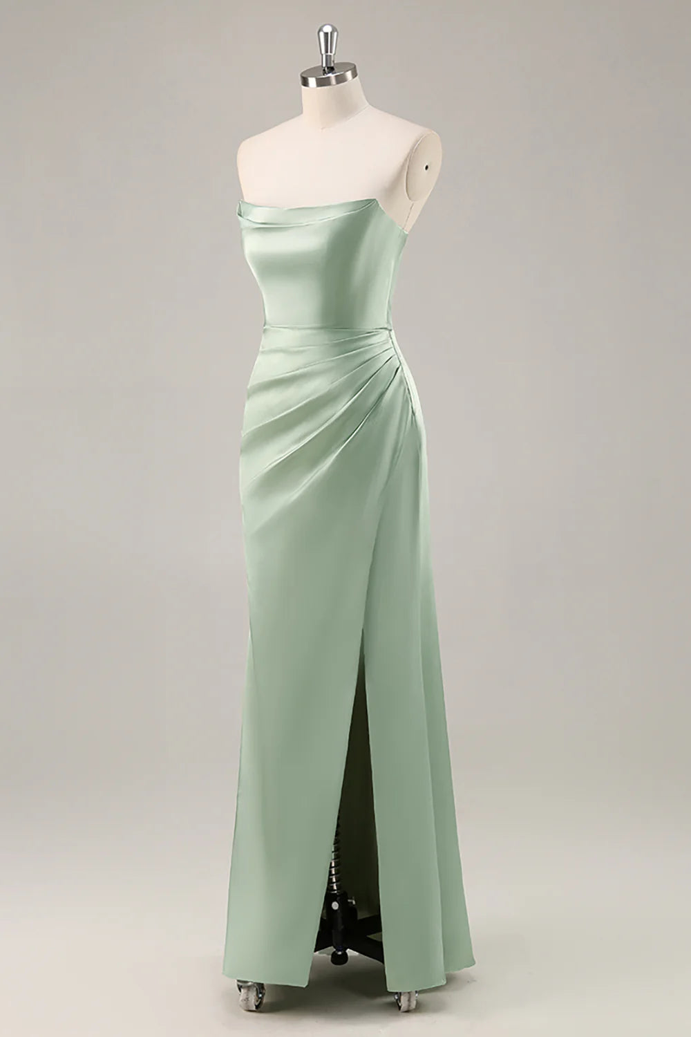 Sage Green Satin Strapless Ruched Long Bridesmaid Dress with Slit