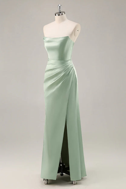 Sage Green Satin Strapless Ruched Long Bridesmaid Dress with Slit